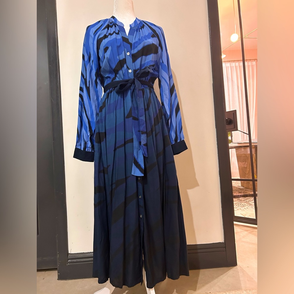 Anthropologie, NWT, tiger ombré, blue tea length dress. Size 10